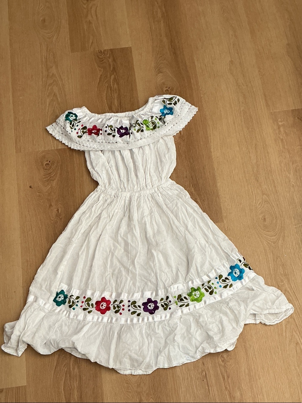 White Cotton Off-Shoulder Floral Embroidered Kids Dress